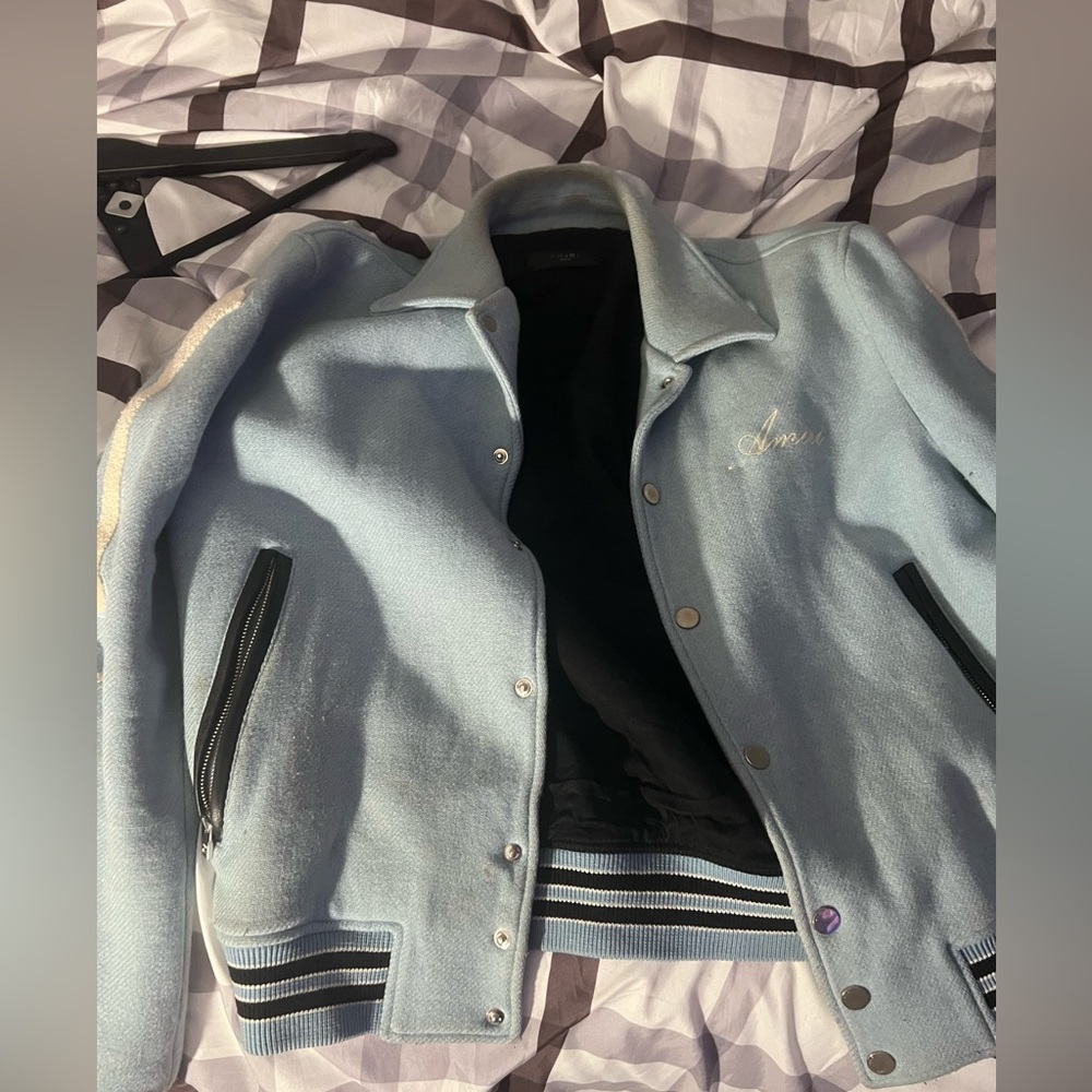 Amiri light blue logo print bone patch jacket men size 52 US XL